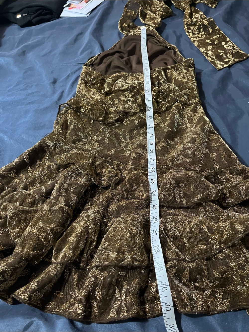PrettyLittleThing Gold Floral Halter Ruffle Mini Dress - Picture 5 of 7
